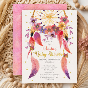 Convite Aquarela Dreamcatcher Bebe Choque Folha de Ouro
