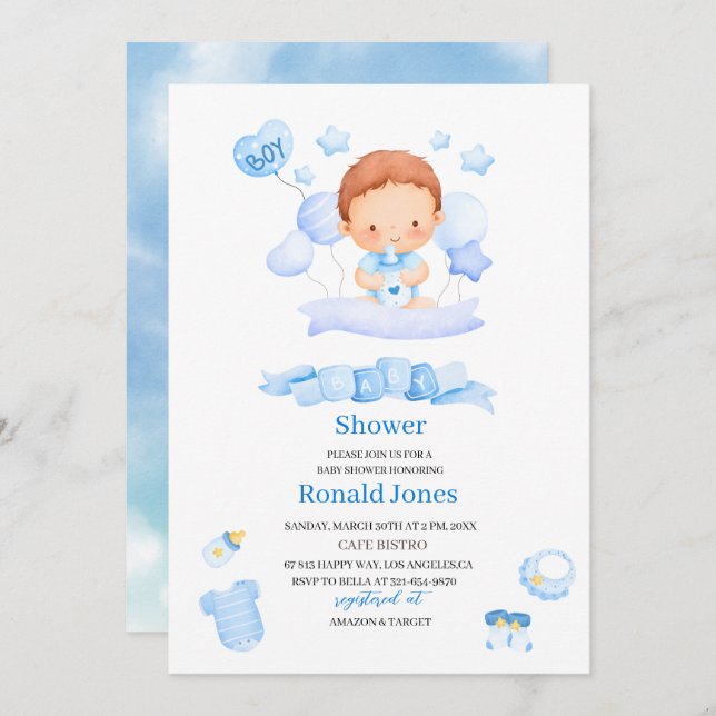 Convite Aquarela é o menino Blue Boho Nursery Baby Showe (Frente/Verso)