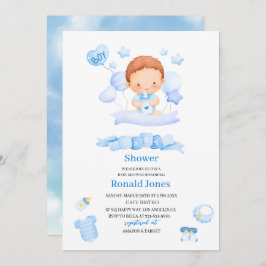 Convite Aquarela é o menino Blue Boho Nursery Baby Showe