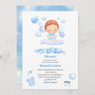 Convite Aquarela é o menino Blue Boho Nursery Baby Showe