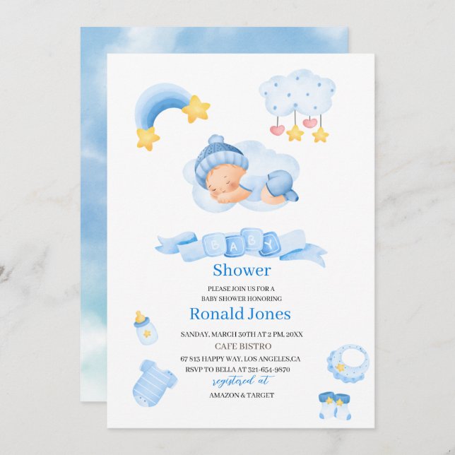 Convite Aquarela é o menino Blue Boho Nursery Baby Showe (Frente/Verso)