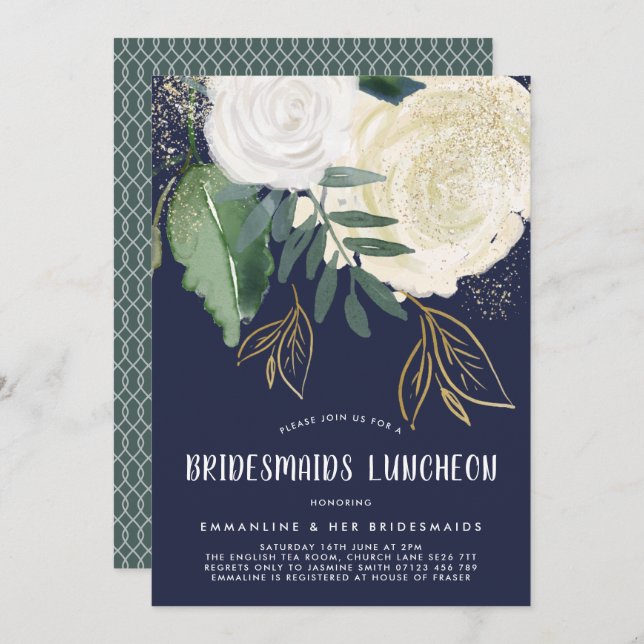 Convite Aquarela e Rosas com brilho Bridesmaids Lunchee (Frente/Verso)