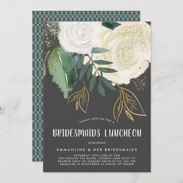 Convite Aquarela e Rosas com brilho Bridesmaids Lunchee (Frente/Verso)