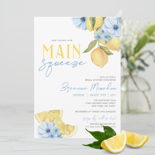 Convite Aquarela Ela Encontrou Sua Principal Brida De Limã (Trendy Watercolor She Found Her Main Squeeze Lemon Bridal Invitations with Adorable Blue Flowers)