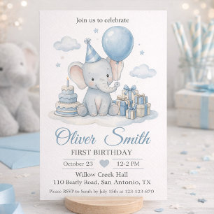 Convite Aquarela Elefante Bebê Azul Primeiro Aniversário