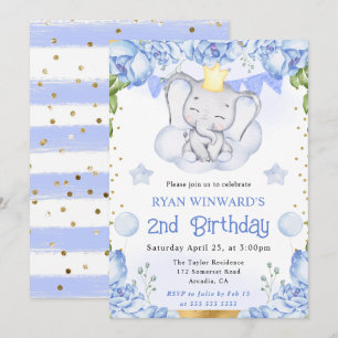 Convite Aquarela Elefante Fofo e Rosas Azuis Aniversário