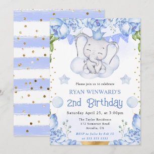 Convite Aquarela Elefante Fofo e Rosas Azuis Aniversário