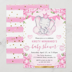 Convite Aquarela Elefante Fofo & Rosas Rosadas Chá de Bebê