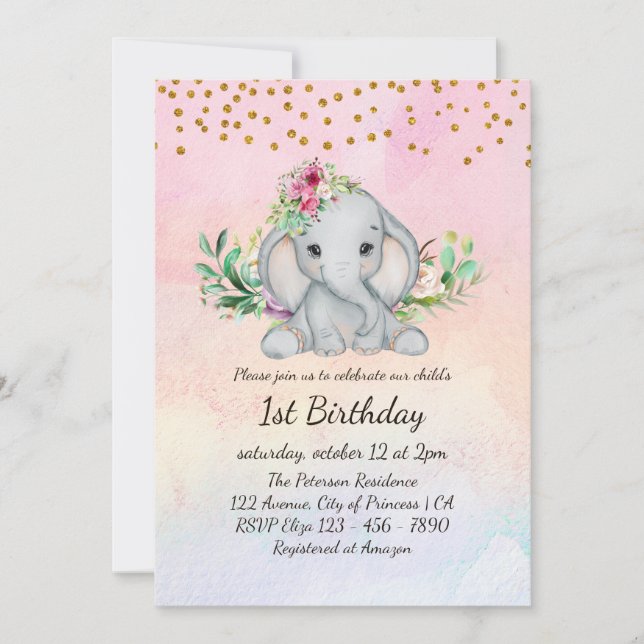 Convite Aquarela Elefante para Bebê e primeiro aniversario (Frente)