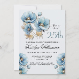 Convite Aquarela Elegante Azul Dourado Floral 25º Aniversá