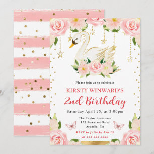 Convite Aquarela Elegante Floral Cisne Aniversário