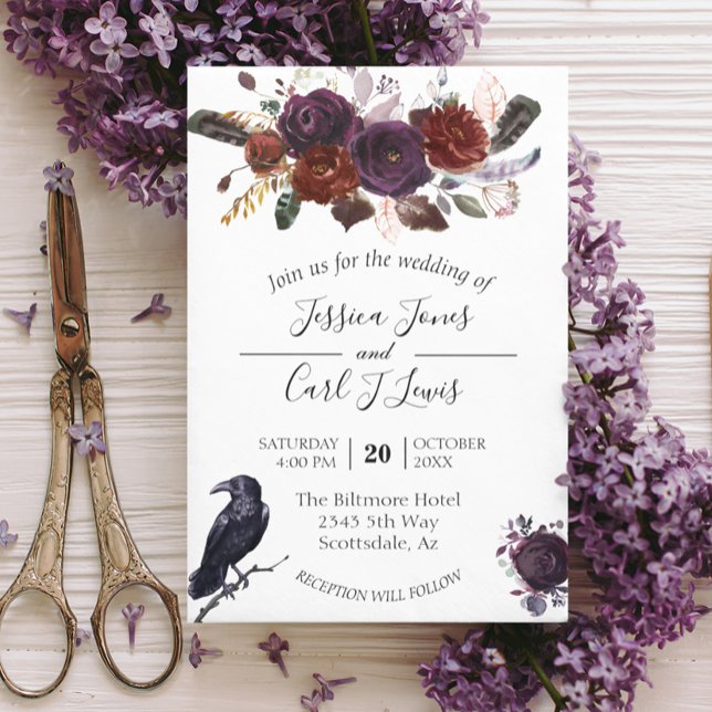 Convite Aquarela Elegante Halloween Crow Plum Inv (Criador carregado)