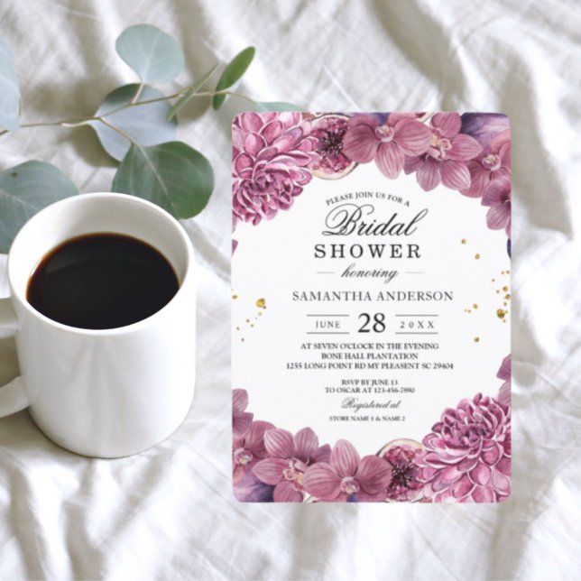 Convite Aquarela Elegante Rosa e Orquídeas Roxas & Figos (Criador carregado)