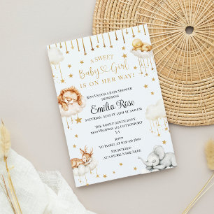 Convite Aquarela Estrelas Douradas & Animais Bebês Menina