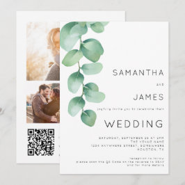Convite Aquarela Eucalipto 3 Fotos Código QR Casamento