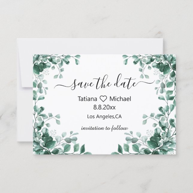 Convite aquarela eucalipto casamento save the date (Frente)