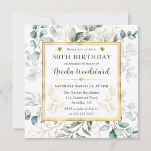 Convite Aquarela Eucalipto e moldura dourada Aniversário d