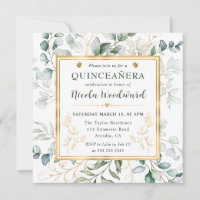 Aquarela Eucalipto e moldura dourada Quinceanera