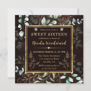 Convite Aquarela Eucalipto e moldura dourada Sweet 16