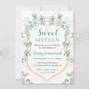 Convite Aquarela Eucalipto e Moldura Dourada Sweet 16