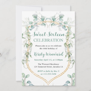Convite Aquarela Eucalipto e Moldura Dourada Sweet 16
