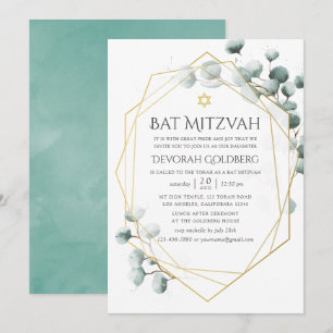 Convite Aquarela Eucalipto Geométrico Bat Mitzvah