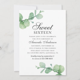 Convite Aquarela eucalipto Sweet 16. Folhagem verde