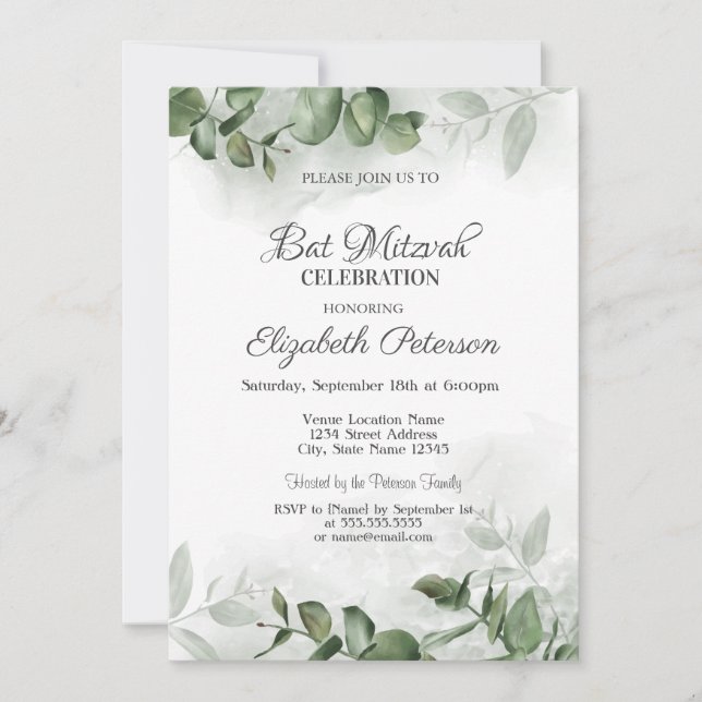 Convite Aquarela Eucalipto Verde Bar Mitzvah (Frente)