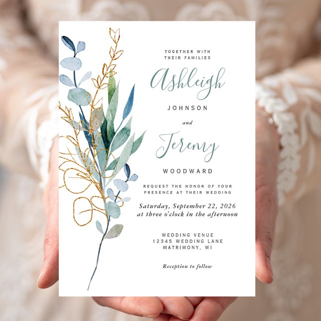 Convite Aquarela Eucalipto Verde Dourado Casamento (Criador carregado)