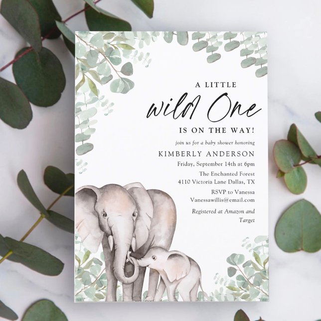 Convite Aquarela Eucalypt Wild One Elephant Chá de fraldas (Criador carregado)