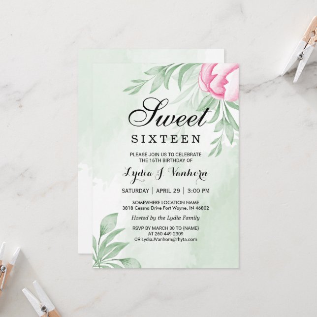 Convite Aquarela Eucalyptus Deixa Doce 16 Aniversário (Frente/Verso In Situ)
