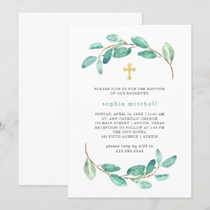 Convite Aquarela Eucalyptus e Dourada Cruz Batismo