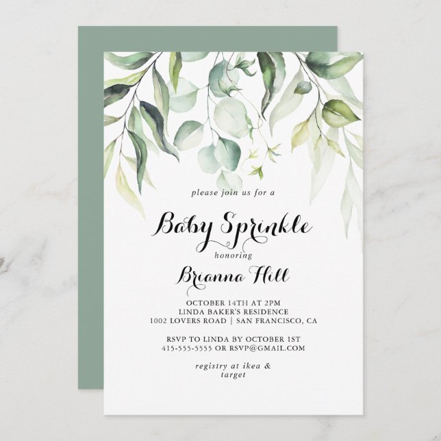 Convite Aquarela Eucalyptus Greenery Baby Sprinkle (Frente/Verso)