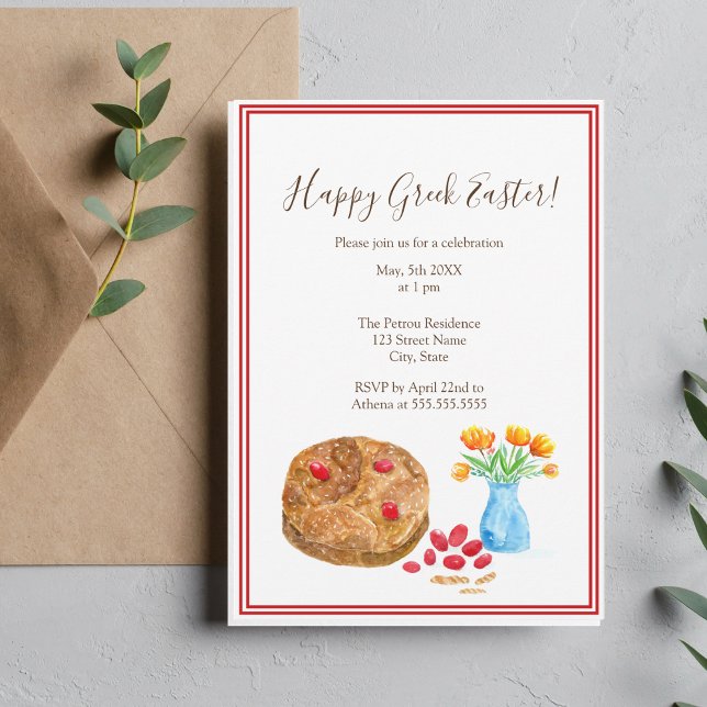 Convite Aquarela Feliz Páscoa Grega (Watercolor of traditional greek bread with red eggs as an elegant invitation.)