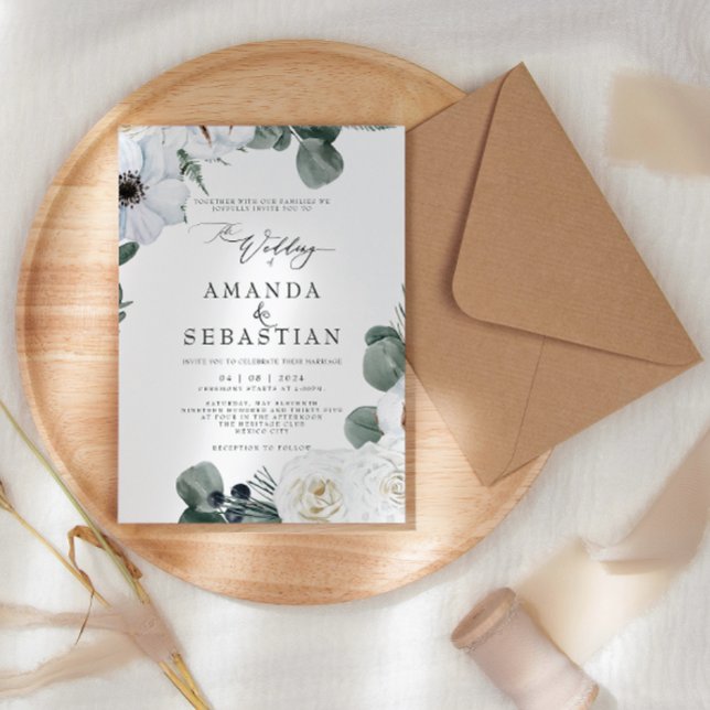 Convite Aquarela Festa de casamento de inverno Floral Verd (Criador carregado)