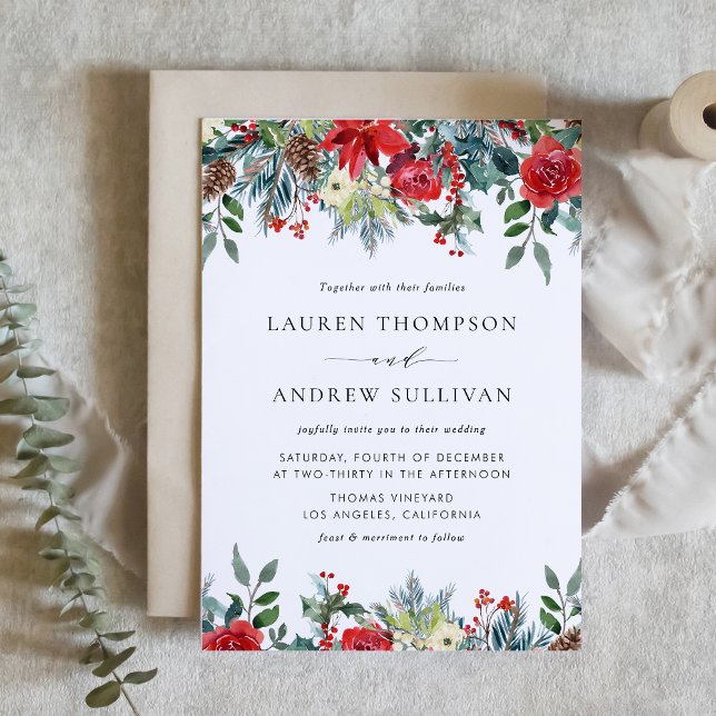 Convite Aquarela Festiva Floral Casamento no inverno (Watercolor Festive Floral Garland Winter Wedding Invitation)