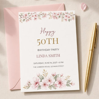 Convite Aquarela Flor de Cerejeira Aniversário de 50 anos