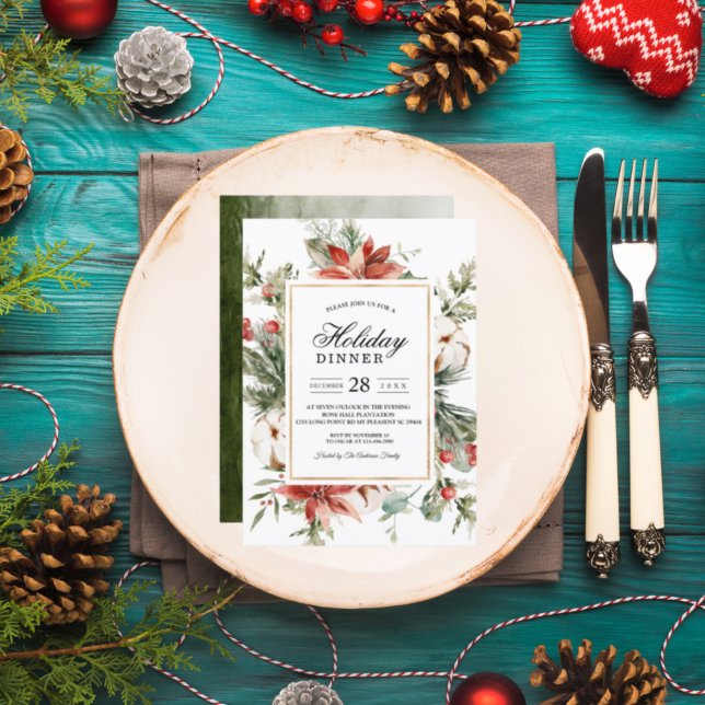 Convite Aquarela Flor de Natal de Inverno & Pinheiro Verde (Criador carregado)