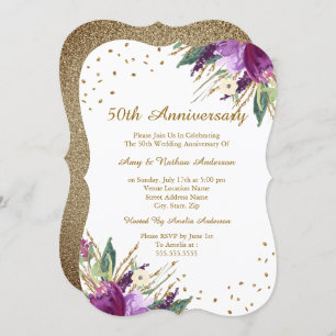 Convite Aquarela Flor Dourada Roxo 50.o Aniversário