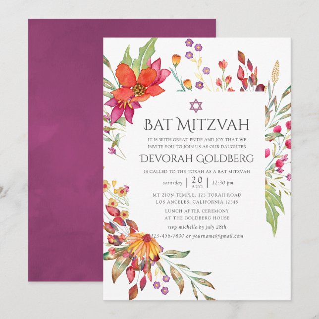 Convite Aquarela Flor Selvagem Bat Mitzvah (Frente/Verso)