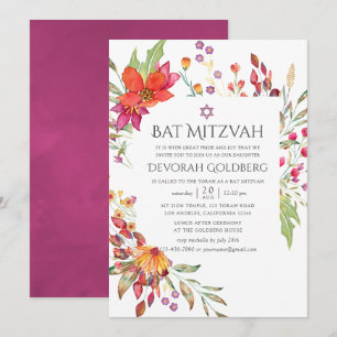 Convite Aquarela Flor Selvagem Bat Mitzvah