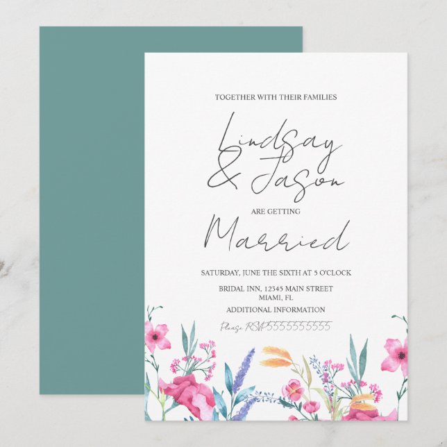 Convite Aquarela Flor Selvagem Verde Casamento Script (Frente/Verso)