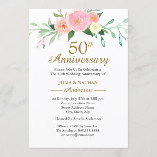 Convite Aquarela Flor Silvestre Rosa Aniversário de 50 ano