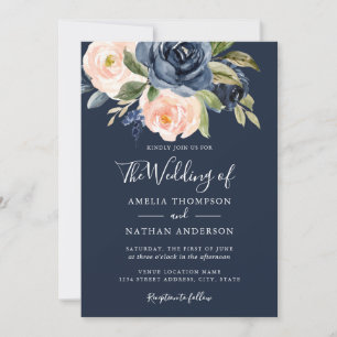 Convite Aquarela Florais Casamento Bege Azul-Marinho