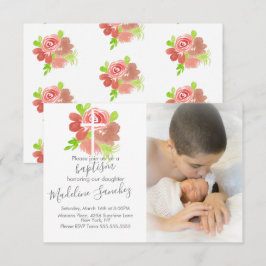 Convite Aquarela Florais Rosa Batismo Dedicação