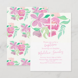 Convite Aquarela Florais Rosa Batismo Pintado à Mão  