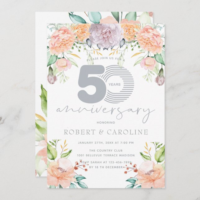 Convite Aquarela Floral 50º Aniversário de Casamento (Frente/Verso)