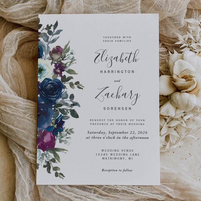Convite Aquarela Floral Ameixa Azul Marinho Casamento (Criador carregado)