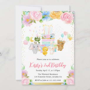 Convite Aquarela Floral Amigos Animais Fofos Aniversário