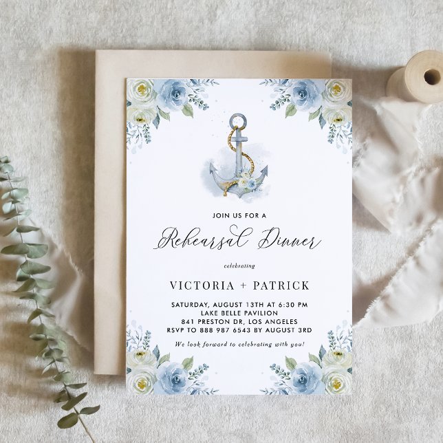 Convite Aquarela Floral Âncora Jantar de Rehearsal Náutico (Seaside rehearsal dinner invitation featuring watercolor floral anchor and blue and white flowers. )